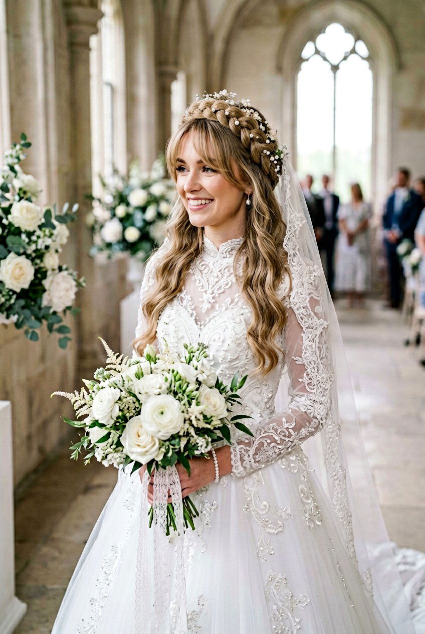 Curtain Bangs With Braided Crown - 20 bridal hairstyle for women with bangs - 20 bridal hairstyle for women with bangs