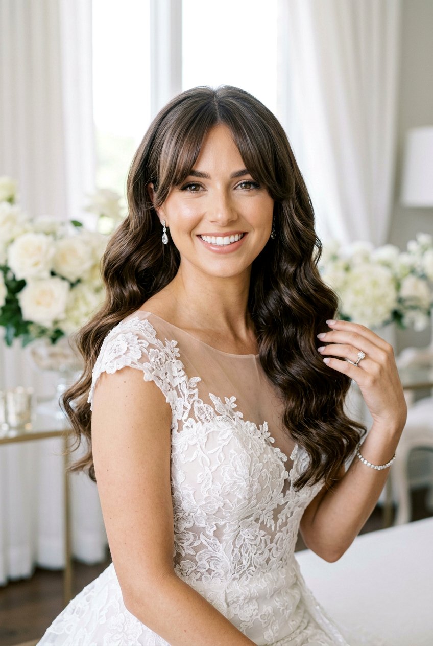 Curtain Bangs With Hollywood Waves - 20 bridal hairstyle for women with bangs - 20 bridal hairstyle for women with bangs