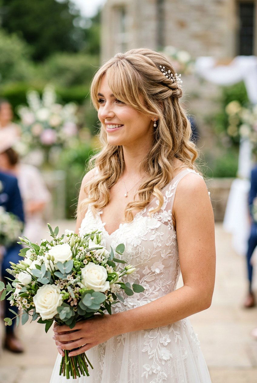 Curtain Bangs With Twisted Half Up - 20 bridal hairstyle for women with bangs - 20 bridal hairstyle for women with bangs