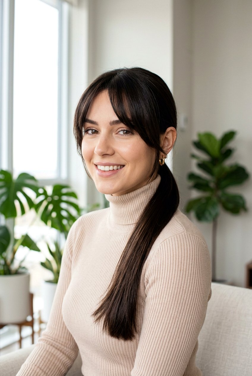 Curtain Bangs With a Low Straight Pony - 20 first day of college hairstyle - 20 first day of college hairstyle