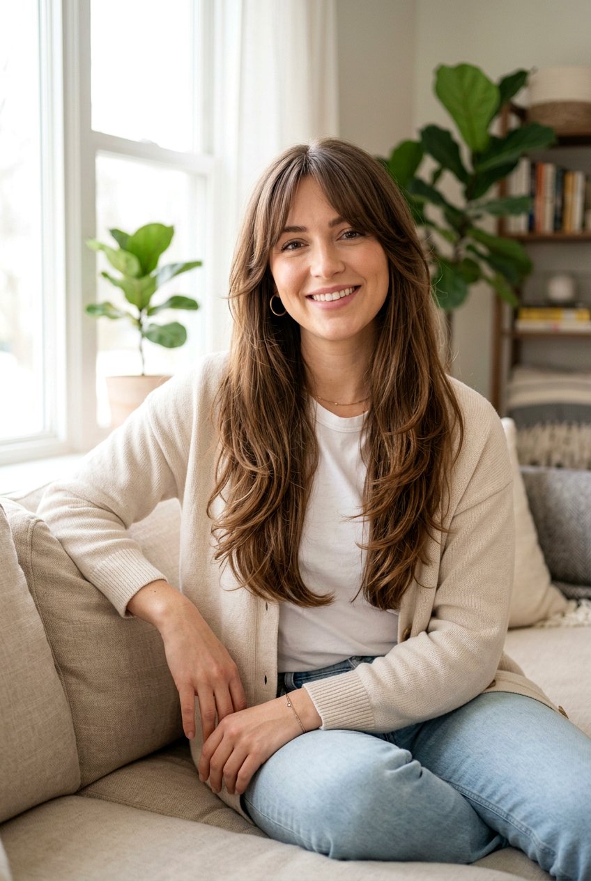 Curtain Bangs with Long Layers - 20 postpartum haircuts for women - 20 postpartum haircuts for women