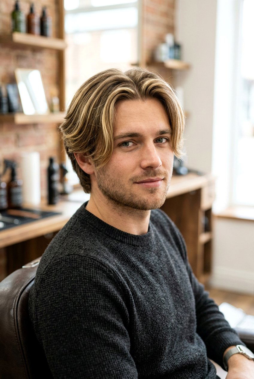 Curtain haircut with blonde highlights - 20 curtain haircut for men - 20 curtain haircut for men