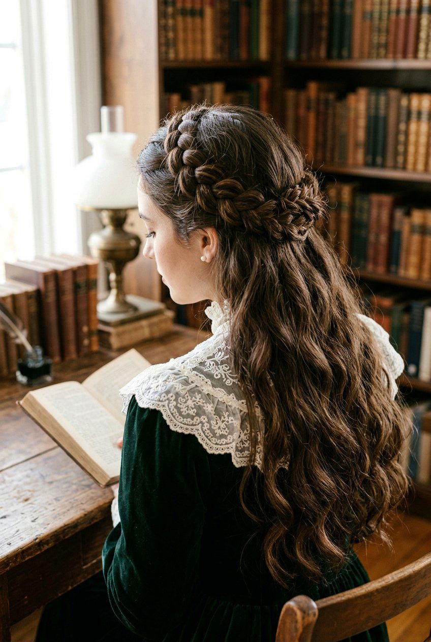 Dark Academia Braided Crown Half Up - 20 dark academia hairstyles - 20 dark academia hairstyles