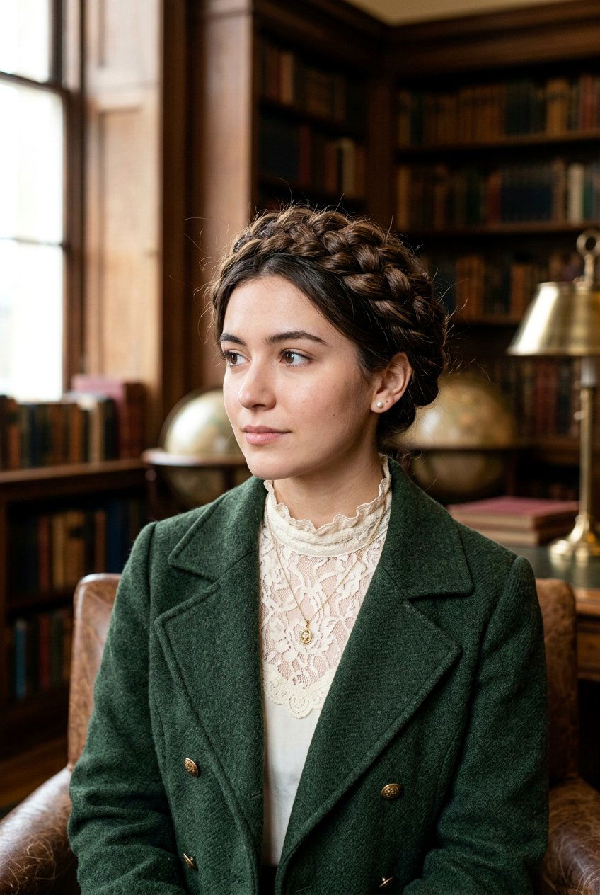 Dark Academia Braided Crown Updo - 20 dark academia hairstyles - 20 dark academia hairstyles