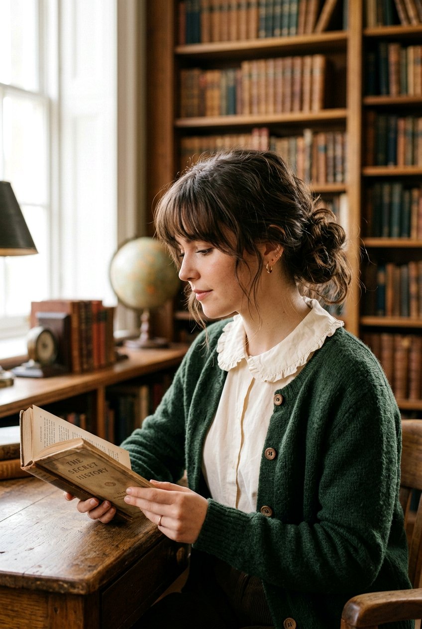 Dark Academia Messy Low Bun With Fringe - 20 dark academia hairstyles - 20 dark academia hairstyles