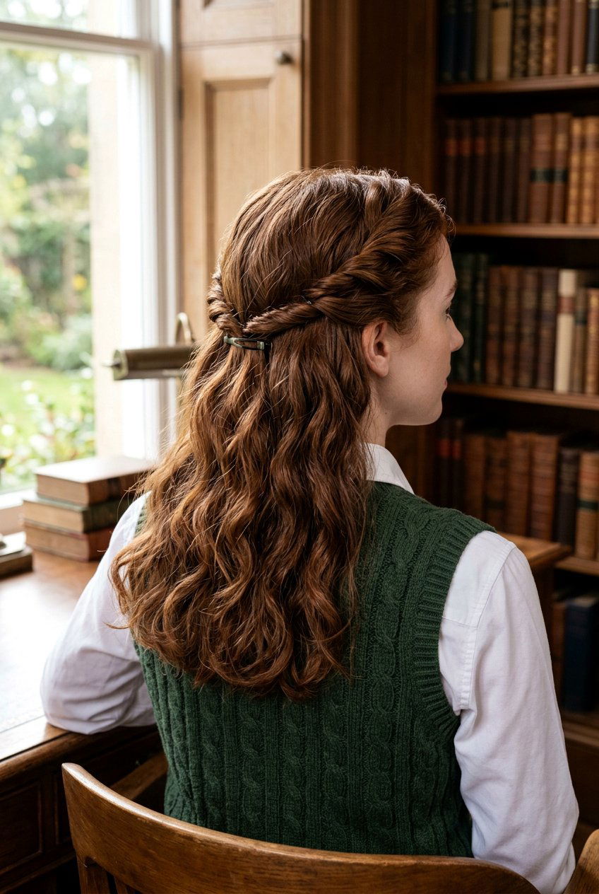 Dark Academia Twisted Half Updo - 20 dark academia hairstyles - 20 dark academia hairstyles