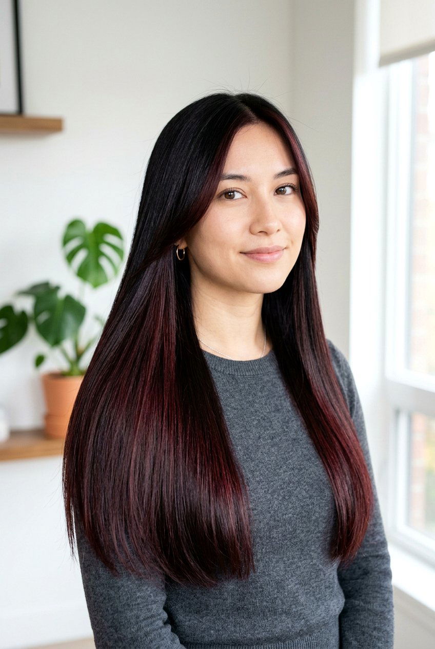 Dark Black Cherry Balayage With Subtle Money Piece - 20 black cherry balayage with money piece - 20 black cherry balayage with money piece