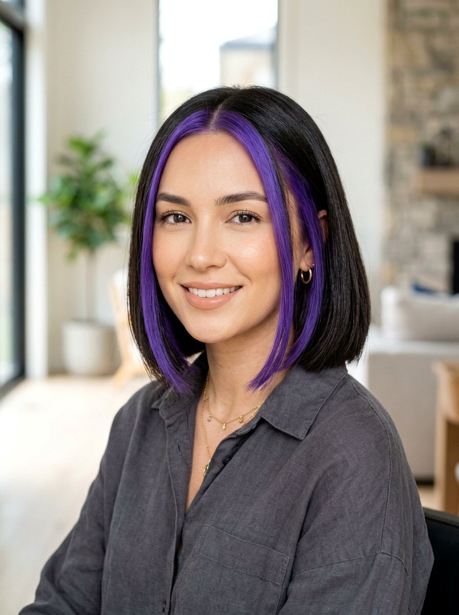 Dark Bob With Purple Money Piece - 20 purple money piece on dark hair - 20 purple money piece on dark hair