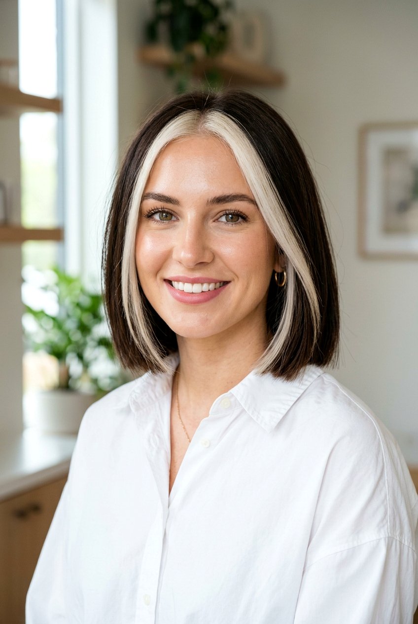 Dark Brown Bob With Platinum Money Piece - 20 brunette hair with platinum money piece - 20 brunette hair with platinum money piece