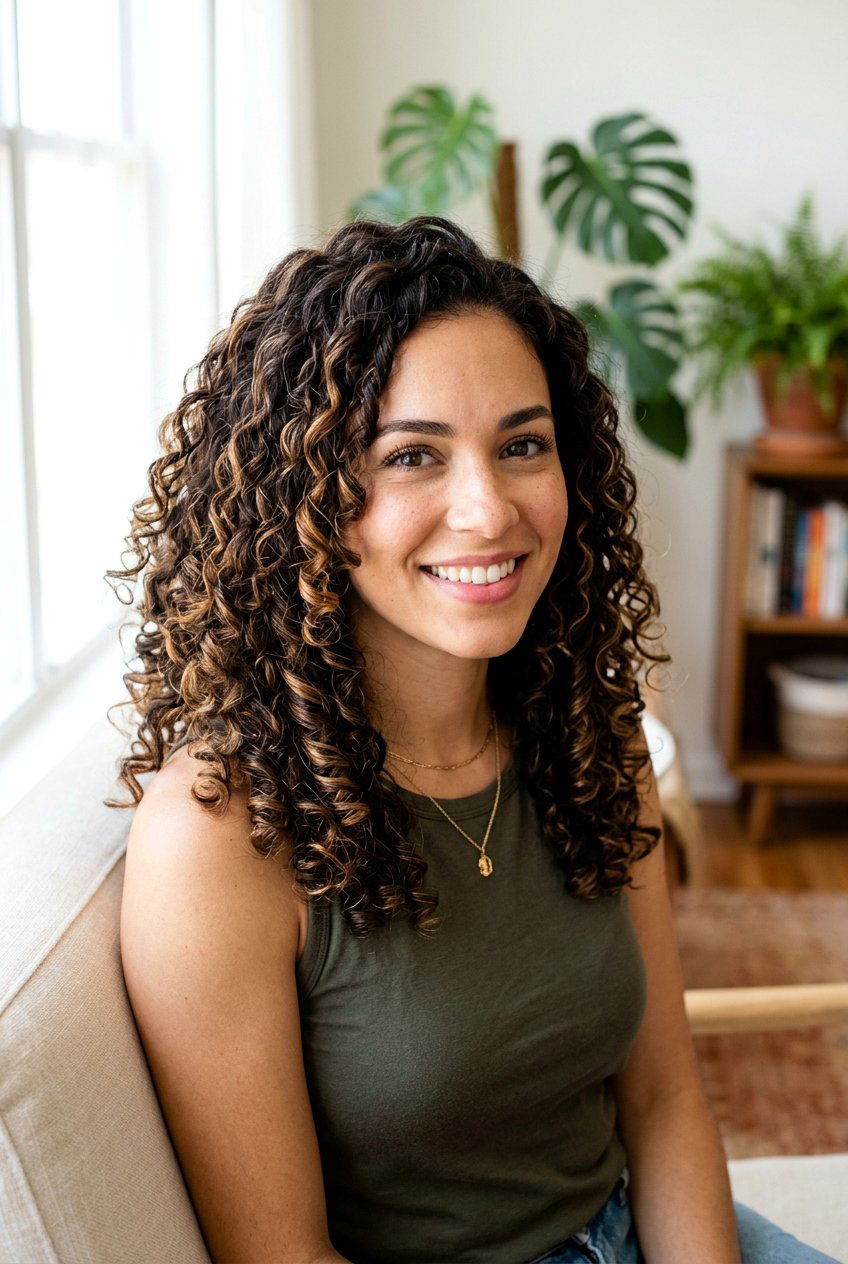 Dark Brown Curly Hair With Caramel Ribbons - 20 caramel ribbons on dark brown hair - 20 caramel ribbons on dark brown hair