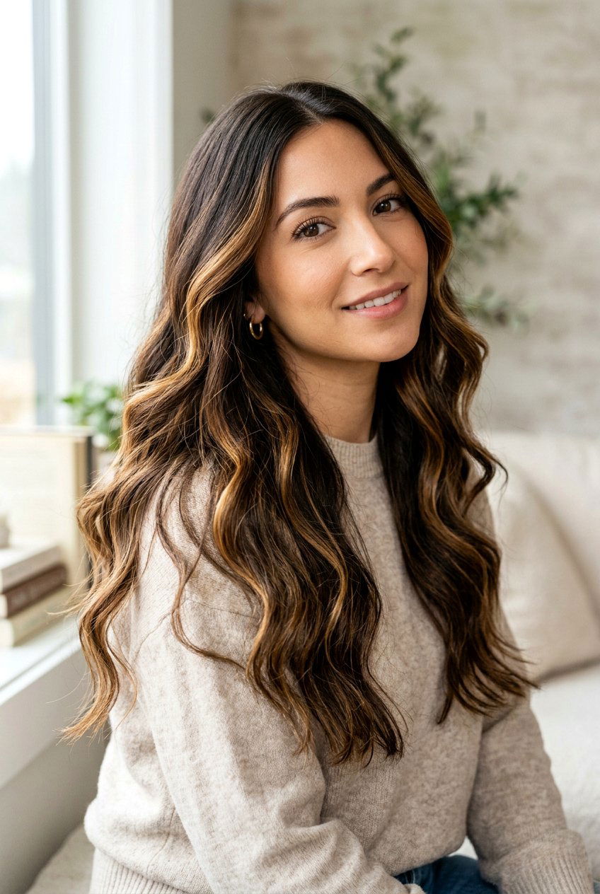 Dark Brown Hair With Caramel Balayage Ribbons - 20 caramel ribbons on dark brown hair - 20 caramel ribbons on dark brown hair