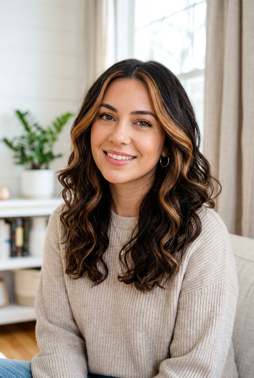 Dark Brown Hair With Caramel Money Piece Ribbons - 20 caramel ribbons on dark brown hair - 20 caramel ribbons on dark brown hair