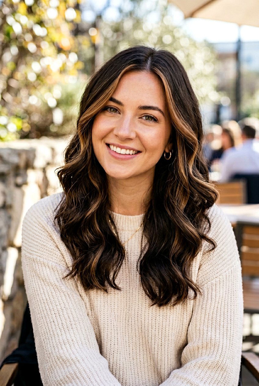 Dark Brown Hair With Caramel Ribbon Face Framing Highlights - 20 caramel ribbons on dark brown hair - 20 caramel ribbons on dark brown hair