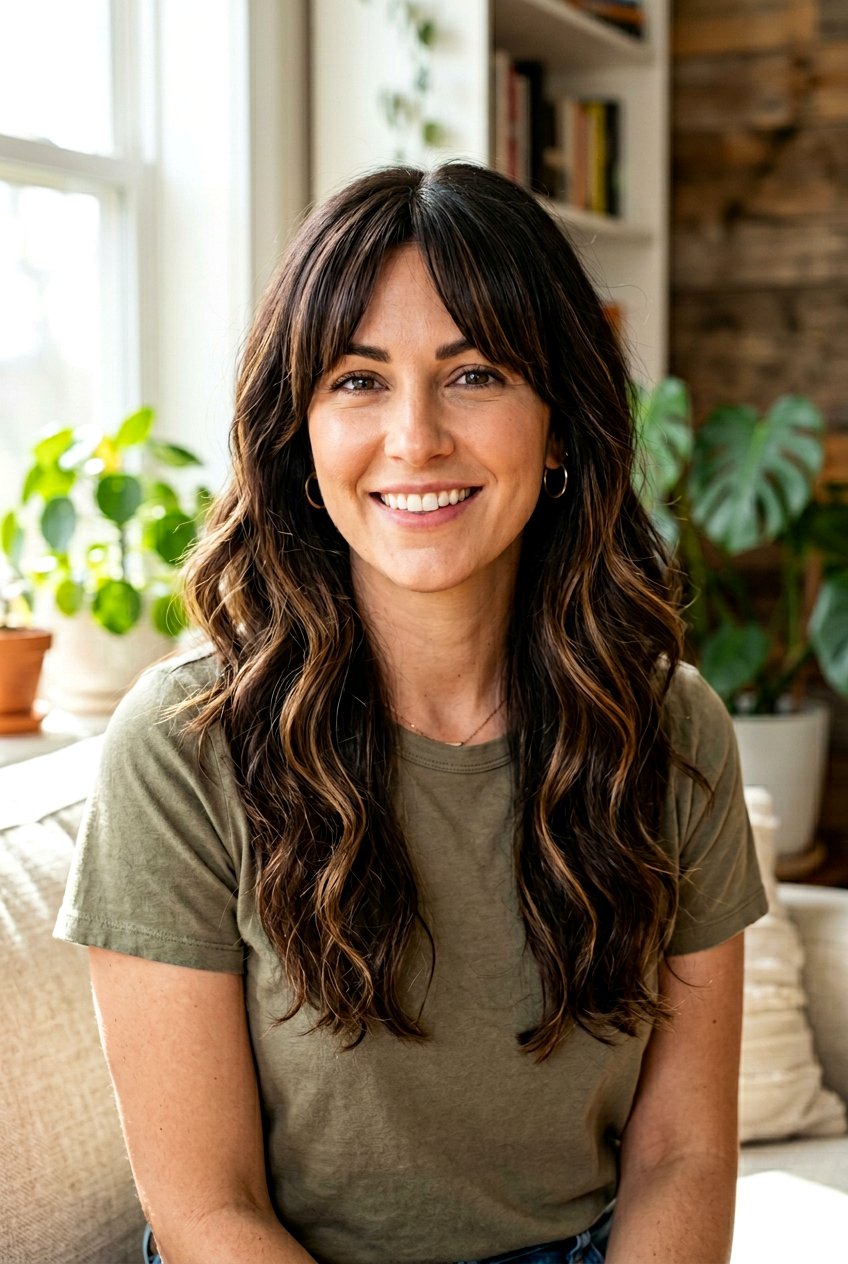 Dark Brown Hair With Caramel Ribbon Highlights And Bangs - 20 caramel ribbons on dark brown hair - 20 caramel ribbons on dark brown hair