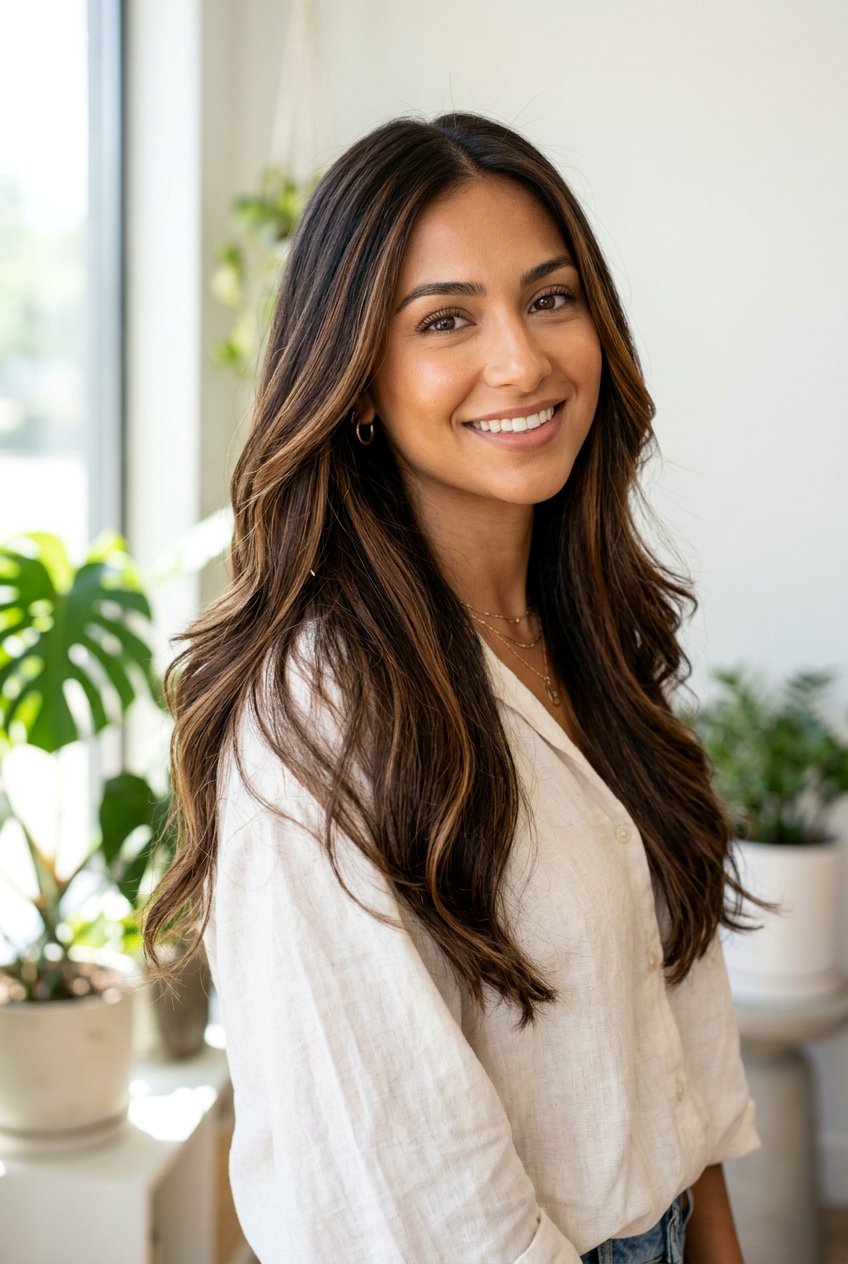 Dark Brown Hair With Caramel Ribbon Highlights For Olive Skin - 20 caramel ribbons on dark brown hair - 20 caramel ribbons on dark brown hair