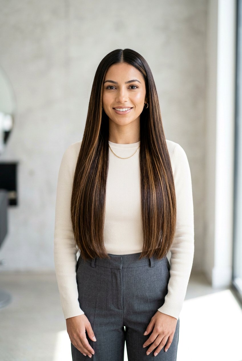 Dark Brown Hair With Caramel Ribbon Highlights On Straight Hair - 20 caramel ribbons on dark brown hair - 20 caramel ribbons on dark brown hair