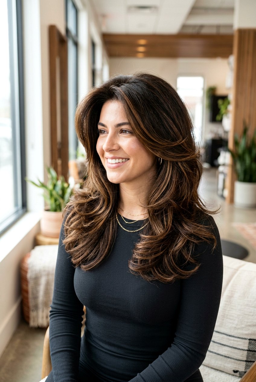 Dark Brown Hair With Caramel Ribbon Highlights On Thick Hair - 20 caramel ribbons on dark brown hair - 20 caramel ribbons on dark brown hair