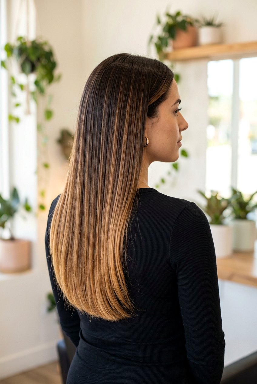 Dark Brown Hair With Caramel Ribbon Ombre - 20 caramel ribbons on dark brown hair - 20 caramel ribbons on dark brown hair