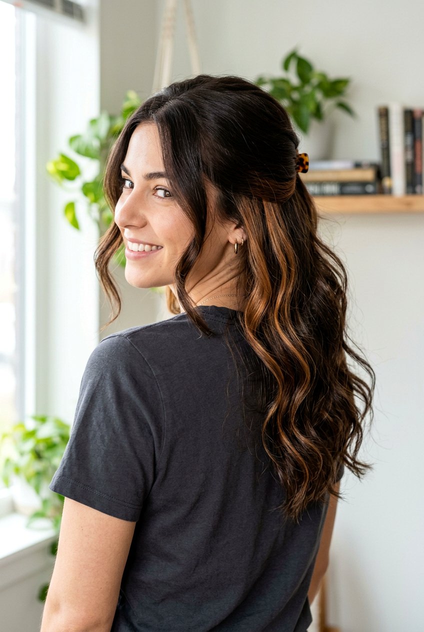 Dark Brown Hair With Caramel Ribbon Peekaboo Highlights - 20 caramel ribbons on dark brown hair - 20 caramel ribbons on dark brown hair