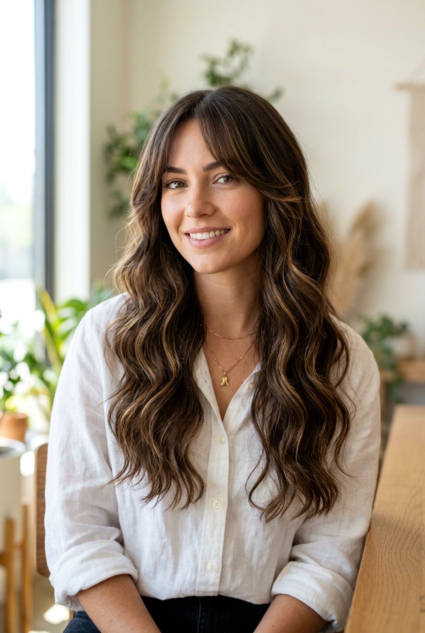 Dark Brown Hair With Golden Babylights And Curtain Bangs - 20 dark brown hair with golden babylights - 20 dark brown hair with golden babylights
