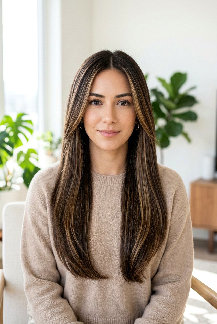 Dark Brown Hair With Golden Babylights And Middle Part - 20 dark brown hair with golden babylights - 20 dark brown hair with golden babylights