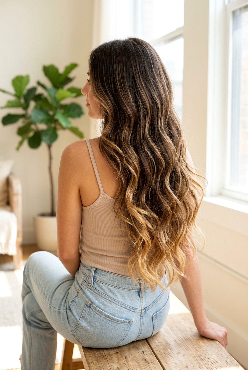 Dark Brown Hair With Golden Babylights On Long Layers - 20 dark brown hair with golden babylights - 20 dark brown hair with golden babylights