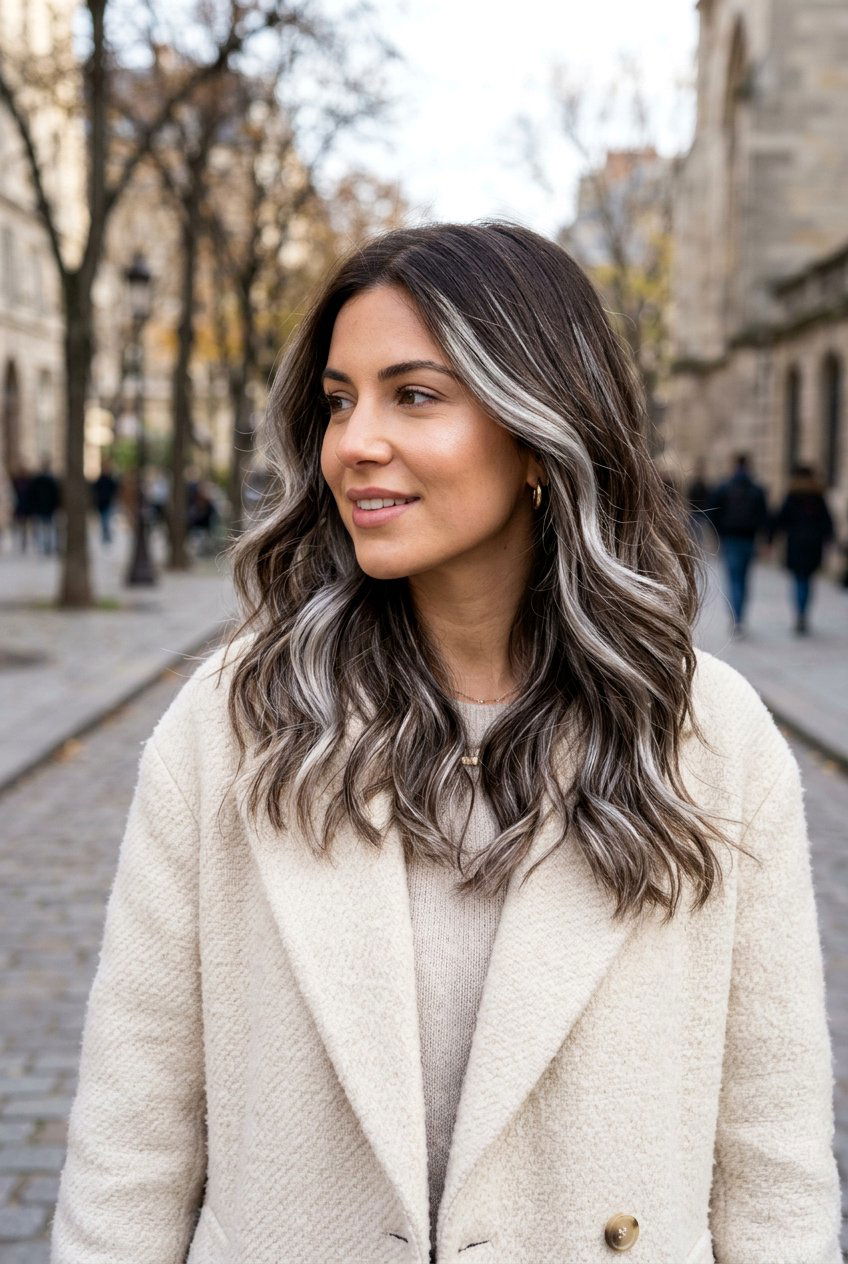 Dark Brown Hair With Silver and Platinum Balayage - 20 natural looking silver highlights - 20 natural looking silver highlights
