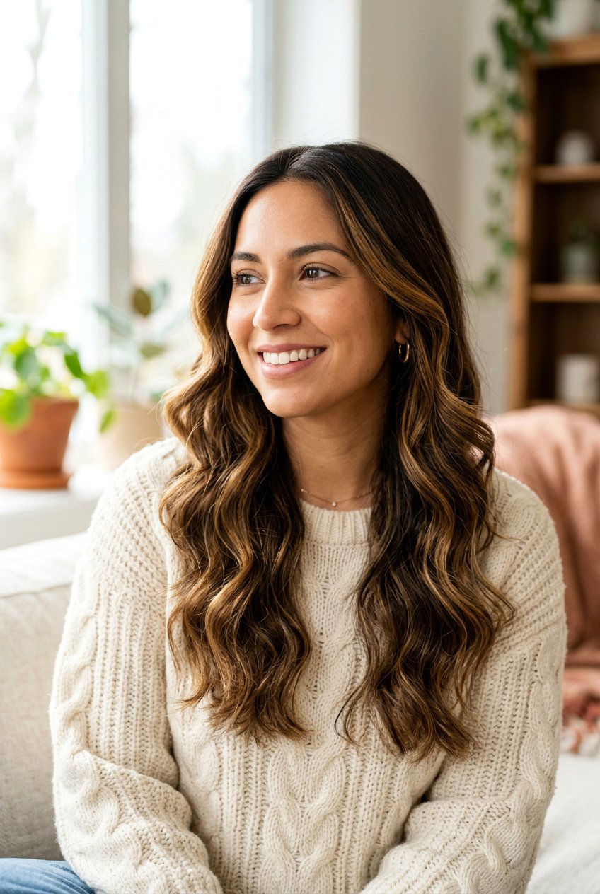 Dark Brown Hair With Warm Caramel Ribbon Highlights - 20 caramel ribbons on dark brown hair - 20 caramel ribbons on dark brown hair