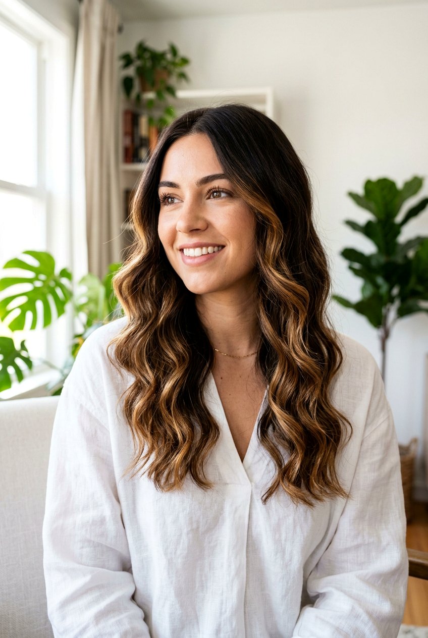 Dark Brown Hair with Caramel Balayage Ribbons - 20 dark brunette with caramel ribbons - 20 dark brunette with caramel ribbons