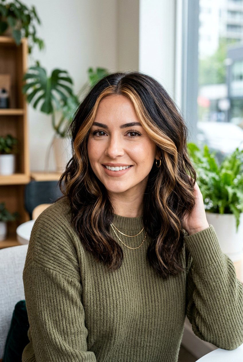 Dark Brown Hair with Caramel Money Piece and Face Framing Highlights - 20 brunette hair with caramel money piece - 20 brunette hair with caramel money piece