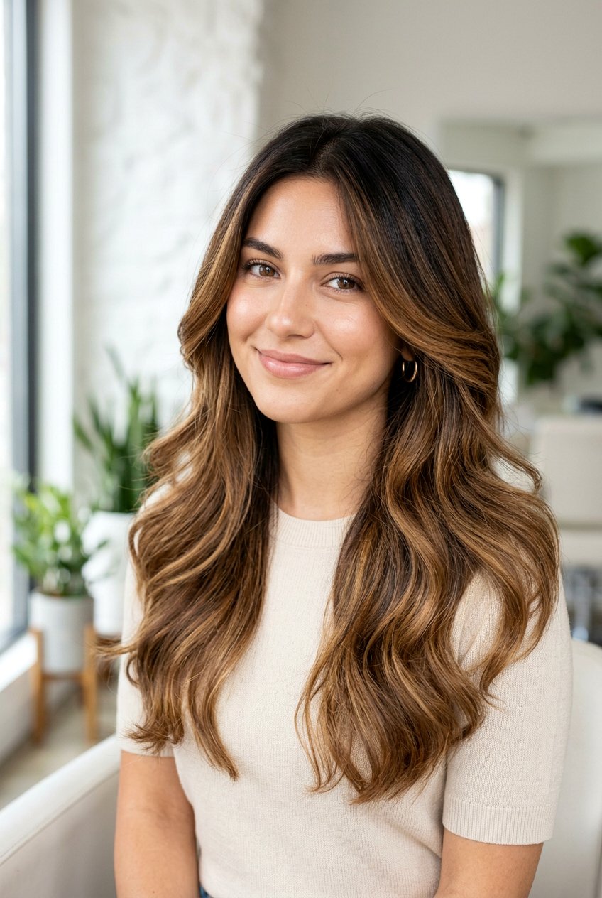 Dark Brown Hair with Caramel Root Melt - 20 warm caramel highlights on brown hair - 20 warm caramel highlights on brown hair