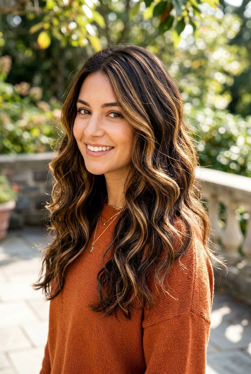 Dark Brown Hair with Golden Caramel Ribbons - 20 dark brunette with caramel ribbons - 20 dark brunette with caramel ribbons