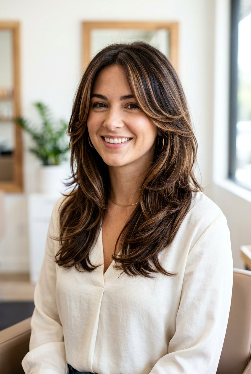 Dark Brown Layered Cut With Caramel Ribbons - 20 caramel ribbons on dark brown hair - 20 caramel ribbons on dark brown hair