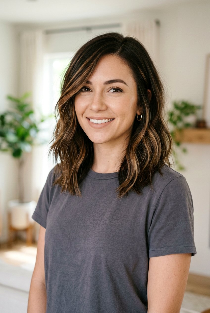 Dark Brown Lob With Caramel Ribbon Highlights - 20 caramel ribbons on dark brown hair - 20 caramel ribbons on dark brown hair