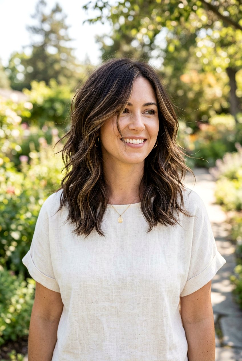 Dark Brown Wispy Layers With Sun Kissed Babylights - 20 brunette babylights for fine hair women - 20 brunette babylights for fine hair women