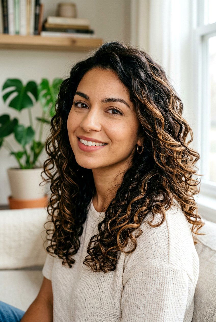 Dark Brunette Caramel Ribbons on Curly Hair - 20 dark brunette with caramel ribbons - 20 dark brunette with caramel ribbons