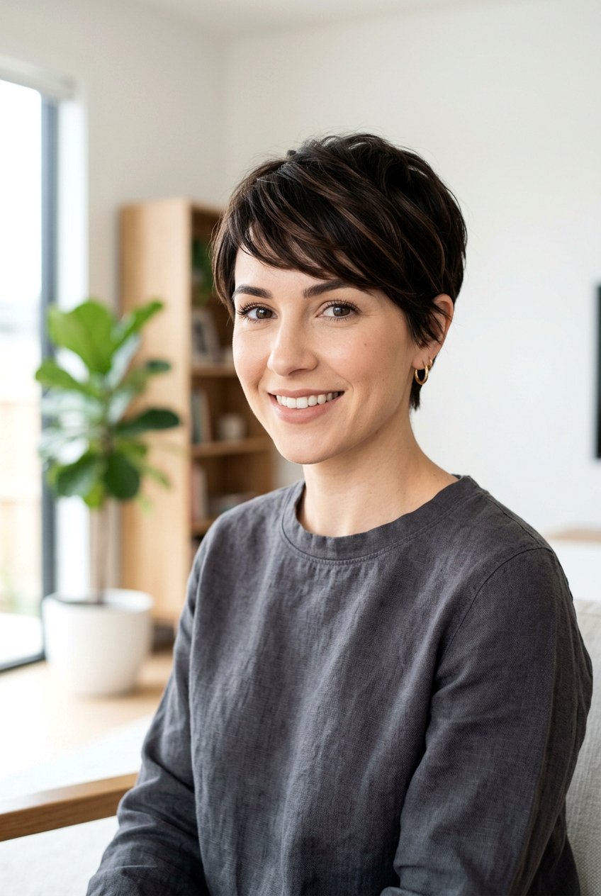 Dark Brunette Pixie Haircut With Subtle Balayage - 20 balayage on pixie haircut - 20 balayage on pixie haircut