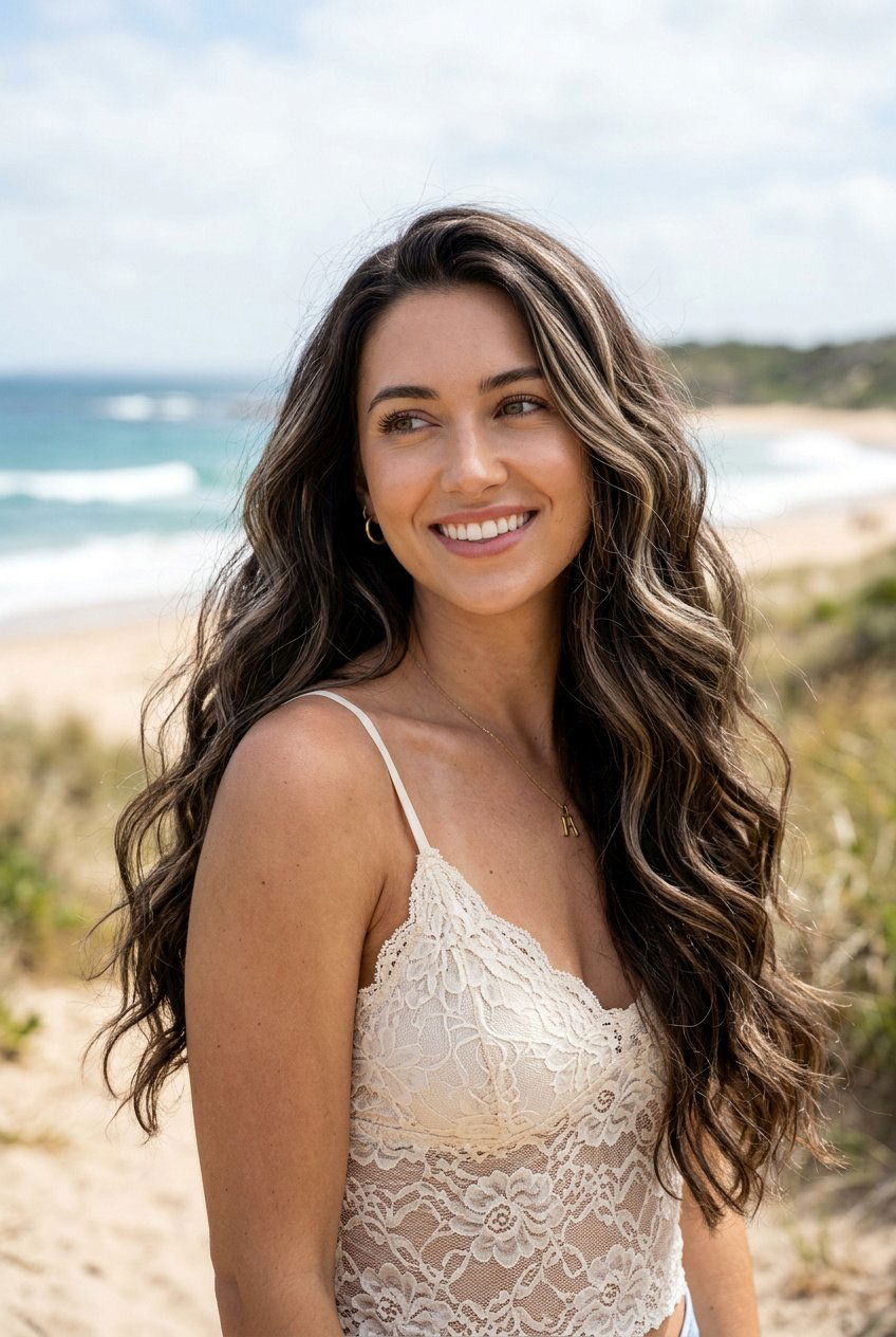 Dark Brunette With Beige Highlights and Waves - 20 dark brunette with cool beige highlights - 20 dark brunette with cool beige highlights