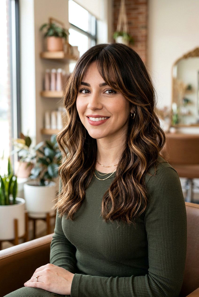 Dark Brunette with Ribbon Highlights and Curtain Bangs - 20 dark brunette with caramel ribbons - 20 dark brunette with caramel ribbons