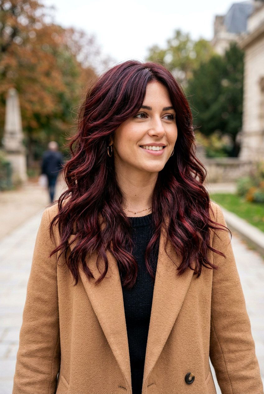 Dark Cherry Cola Highlights on Layered Hair - 20 dark cherry cola highlights - 20 dark cherry cola highlights
