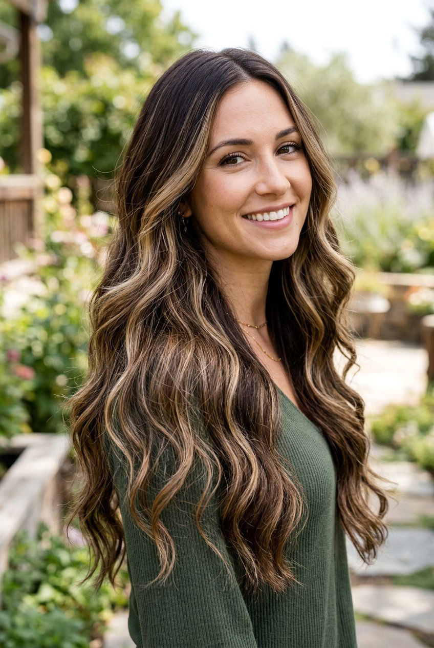 Dark Chocolate Brunette With Blonde Highlights On Long Layers - 20 dark chocolate brunette with blonde highlights - 20 dark chocolate brunette with blonde highlights