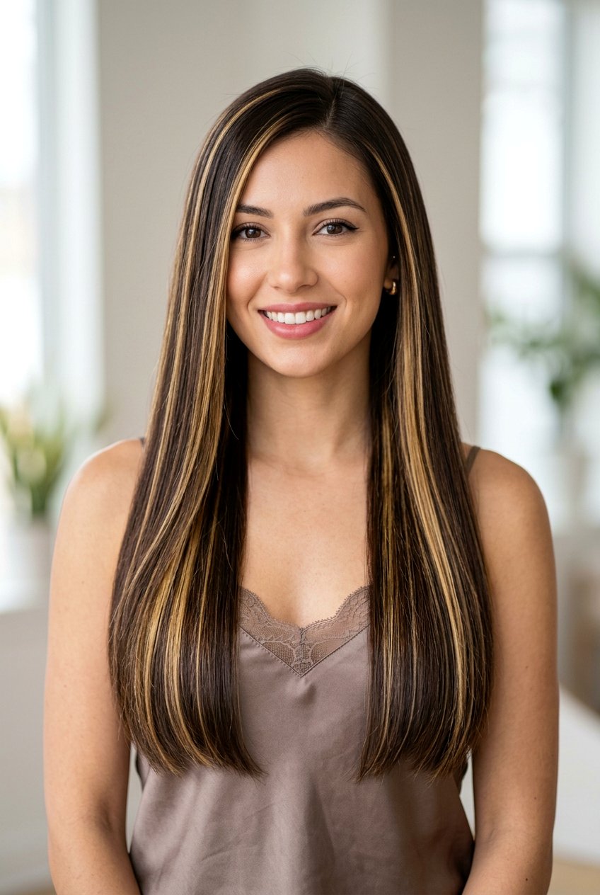 Dark Chocolate Brunette With Golden Blonde Highlights On Straight Hair - 20 dark chocolate brunette with blonde highlights - 20 dark chocolate brunette with blonde highlights