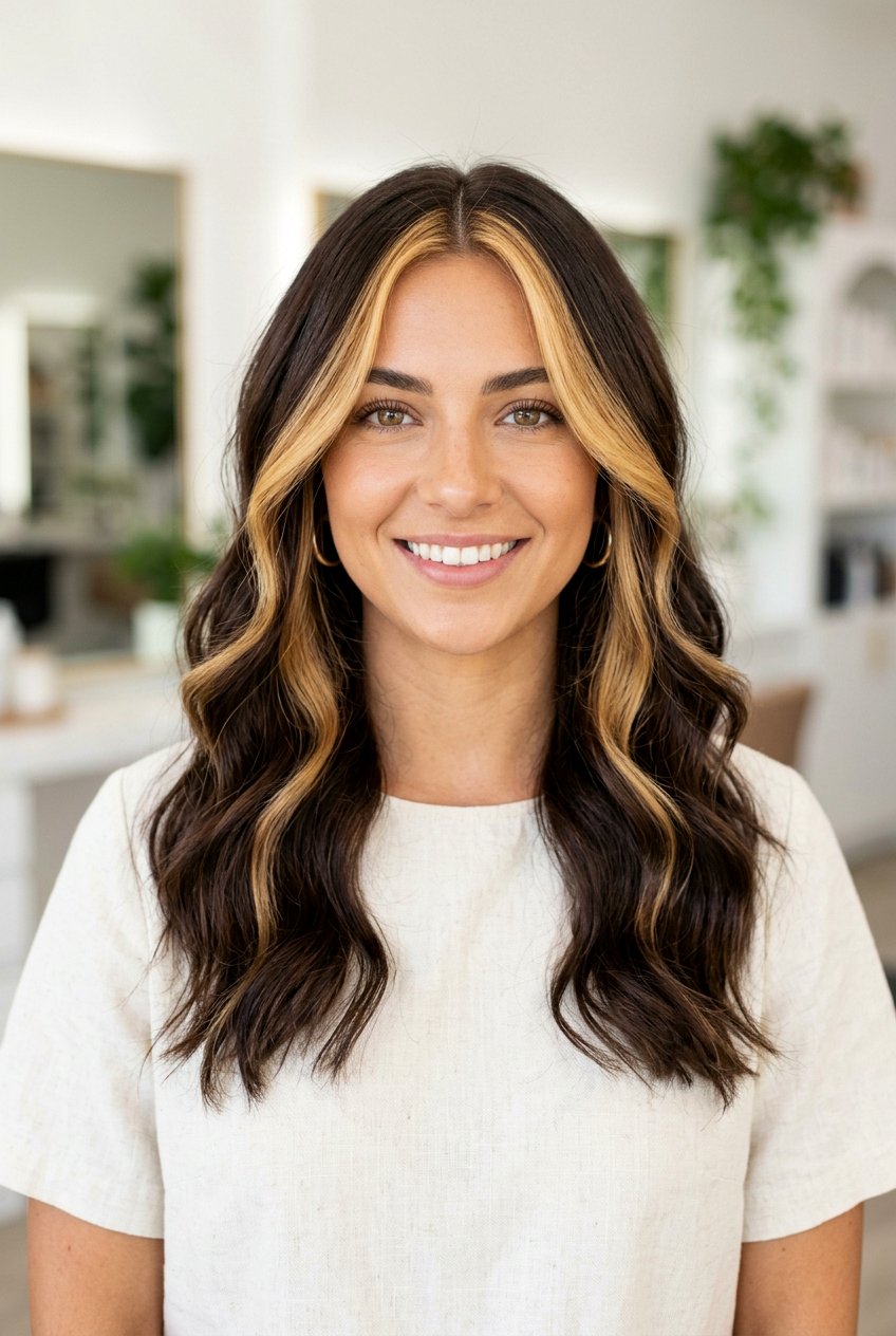 Dark Chocolate Hair with Warm Blonde Money Piece - 20 brunette hair with blonde money piece - 20 brunette hair with blonde money piece