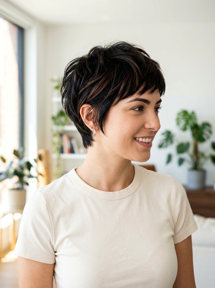 Dark Chocolate Highlights On Black Pixie Cut - 20 subtle highlights for dark black hair - 20 subtle highlights for dark black hair