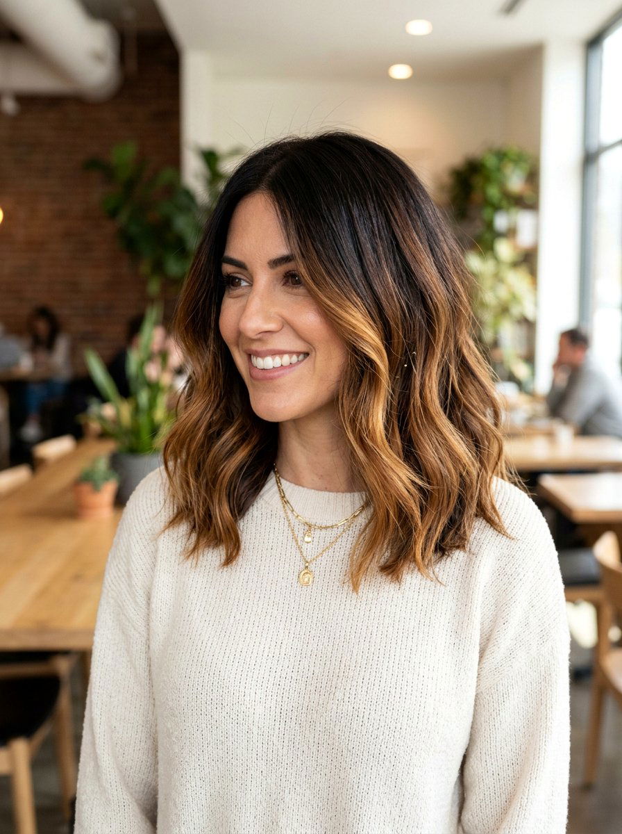 Dark Chocolate To Caramel Lob Root Melt - 20 root melt ideas for brunette balayage - 20 root melt ideas for brunette balayage