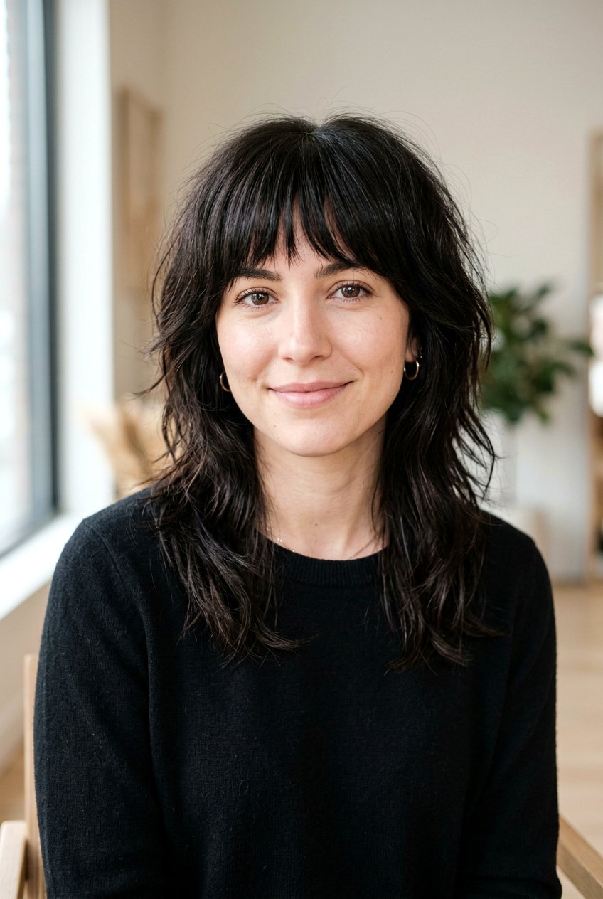 Dark Collarbone Shag With Fringe - 20 collarbone haircut for fine hair - 20 collarbone haircut for fine hair