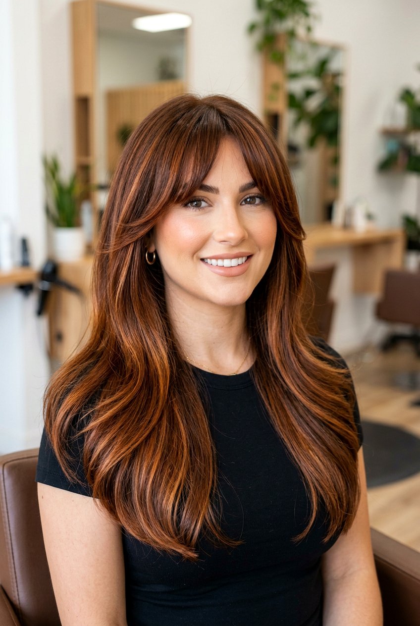 Dark Copper Balayage With Long Curtain Bangs - 20 copper balayage with curtain bangs - 20 copper balayage with curtain bangs