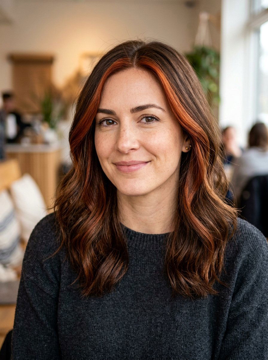 Dark Copper Money Piece on Medium Brown Hair - 20 pumpkin spice money piece hair - 20 pumpkin spice money piece hair