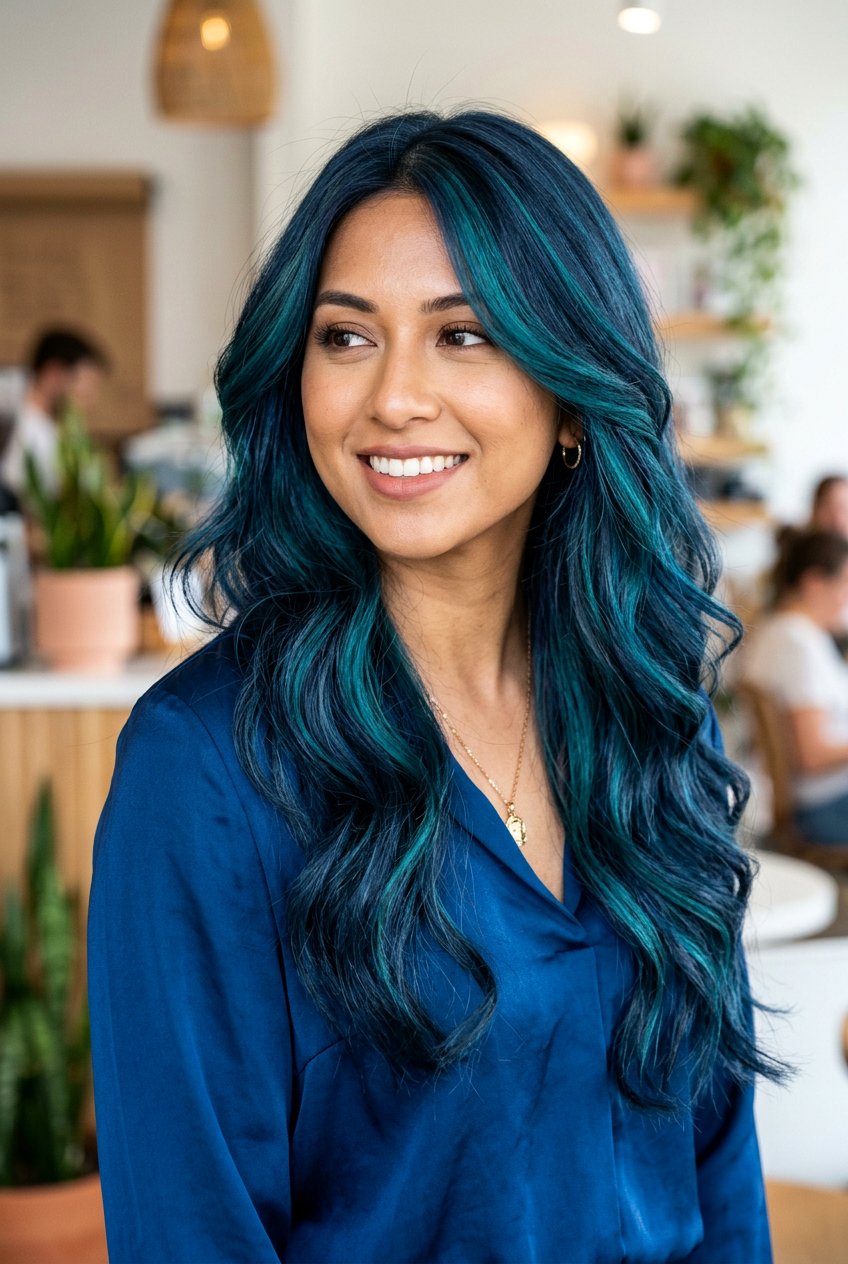 Dark Denim Blue Hair with Teal Highlights - 20 denim blue hair color - 20 denim blue hair color