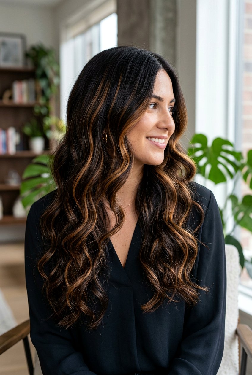 Dark Espresso Brown with Warm Caramel Ribbons - 20 dark brunette with caramel ribbons - 20 dark brunette with caramel ribbons